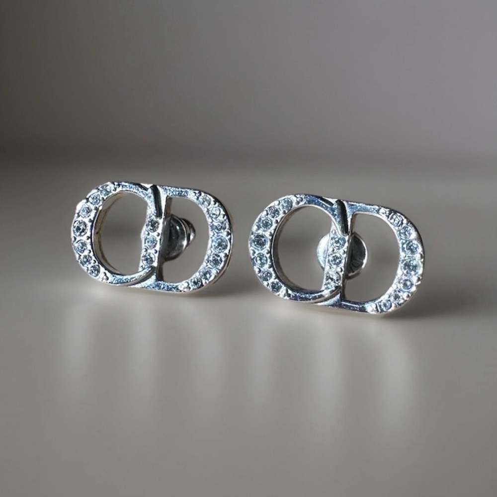 ⭐️ CD Icon Earrings Silver and White Crystals .925 Sterling Silver Stud Earrings